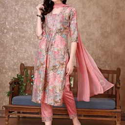 KALINI Floral Printed Regular Thread Work Kurta with Trousers & Dupatta image 1