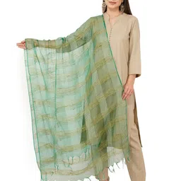 Rhe-Ana Green & Cream-Coloured Checked Art Silk Dupatta-1