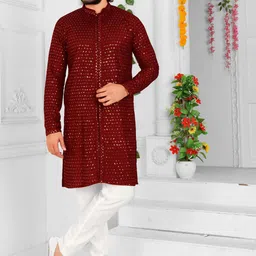 amzira Men Maroon & White Embroidered Sequinned Kurta with Pyjamas-25