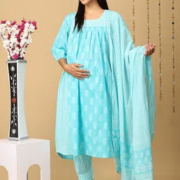 The Mom Store Women Floral Printed Regular Pure Cotton Kurta with Pyjamas & With Dupatta-image-43