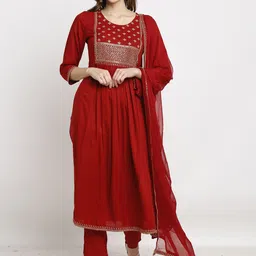 KALINI Floral Yoke Design Sequinned A-Line Kurta with Trousers & Dupatta-0