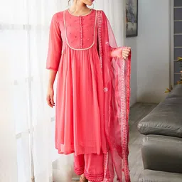 Biba Embroidered Pleated Kurta With Palazzo & Dupatta-picture-34