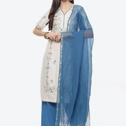 Biba Women Off White & Blue Floral Embroidered Kurta With Palazzos & Dupatta Kurta Set-image-109