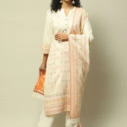 Rangriti Printed Band Collar Three-Quarter Sleeves Kurta with Palazzos & With Dupatta-image-4