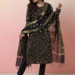 Sangria Black Floral Printed Chanderi Silk Straight Kurta With Trouser & Dupatta-image-23