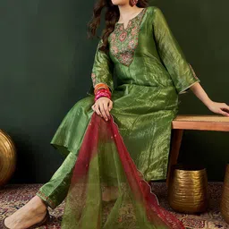 Sangria Floral Embroidered Zari A-Line Kurta & Trouser With Dupatta-picture-45