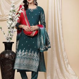 Sangria Teal Green Ethnic Motifs Printed Sequinned Regular Kurta & Trousers With Dupatta-image-4