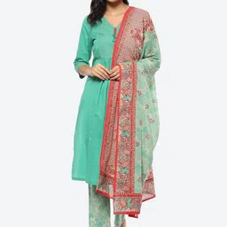 Biba Women Floral Pleated Kurta with Trousers & With Dupatta-picture-37