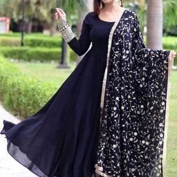 GRISHU COLLECTION Round Neck Georgette Anarkali Kurta With Trousers & Dupatta-image-43