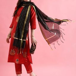 VredeVogel Ethnic Motifs Zari Sequinned Straight Kurta with Trouser & Dupatta-image-14
