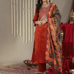 Varanga Women Rust Yoke Design Kurta with Trousers & With Dupatta-image-28