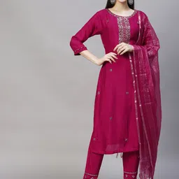 FASHOR Women Magenta Mirror Work Kurta with Trousers & With Dupatta-image-4