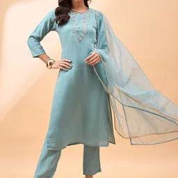 all about you Floral Yoke Design Thread Work Pure Silk Kurta with Trouser & Dupatta-50