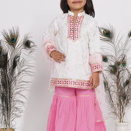 Little Bansi Girls Pink & White Embroidered Kurti With Sharara & Dupatta-image-46