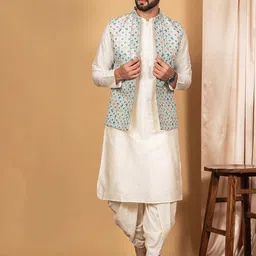 KISAH Men Green Sequinned Kurta with Dhoti Pants With Nehru Jacket-15
