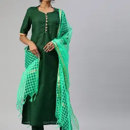 Tulsattva Women Green Pure Cotton Kurta with Trousers & With Dupatta-image-17