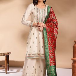 Anouk Cream Ethnic Motifs Embroidered Cotton Straight Kurta With Palazzos & Dupatta-55