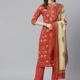 AHIKA Women Red & Beige Printed Kurta with Pyjamas & Dupatta-54