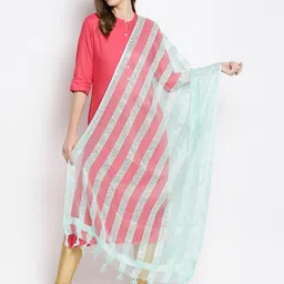 Dupatta Bazaar Sea Green & Silver-Toned Striped Organza Dupatta-21