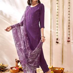 Anouk Ethnic Motifs Embroidered Sequinned Straight Kurta With Trousers & Dupatta-0