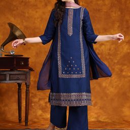 Sangria Ethnic Motifs Sequinned Embroidered A-Line Kurta With Palazzo & Dupatta-1