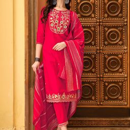 KALINI Ethnic Motifs Embroidered Round Neck Three-Quarter Sleeves Cotton Kurta Set-picture-32