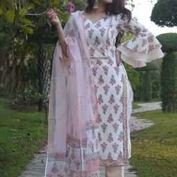 KALINI Floral Printed Bell Sleeves Regular Straight Kurta With Trousers & Dupatta-picture-20