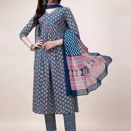 KALINI Ethnic Motifs Printed Regular Pure Cotton Kurta with Trousers & Dupatta-image-21