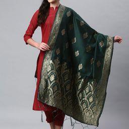 Lilots Women Green & Gold-Toned Ethnic Motifs Woven Design Dupatta-image-65