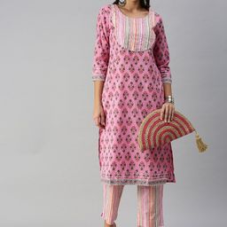 SHOWOFF Women Pink Floral Gotta Patti Kurta With Trousers & Dupatta-picture-41