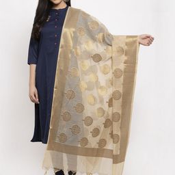 LOOM LEGACY Gold-Coloured Woven Design Jacquard Banarasi Dupatta-22