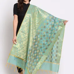 LOOM LEGACY Women Turquoise Blue Woven Design Cotton Silk Jacquard Dupatta-picture-40