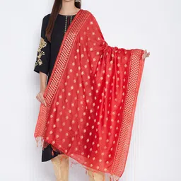Clora Creation Red & Gold-Toned Woven Design Pure Cotton Dupatta-52