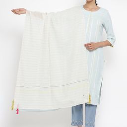 W Women White & Blue Striped Pure Cotton Dupatta-31