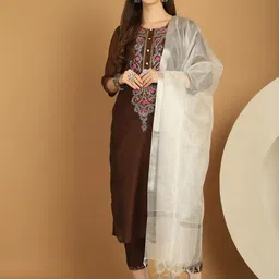Tulsattva Floral Embroidered Straight Kurta & Trousers With Dupatta-picture-57