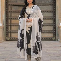 KALINI V-neck Embroidered Floral Print Kurta with Trousers & Dupatta-37