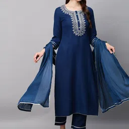 KALINI Women Navy Blue Floral Embroidered Kurta with Trousers & With Dupatta-54