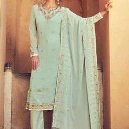 KALINI Embroidered Thread Work Silk Georgette Straight Kurta With Trousers & Dupatta-image-9