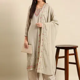 KALINI Floral Embroidered Regular Silk Georgette Straight Kurta with Trousers & Dupatta-picture-0