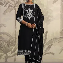SCAKHI Floral Yoke Design Mirror Work Pure Cotton Straight Kurta With Trousers & Dupatta-picture-23