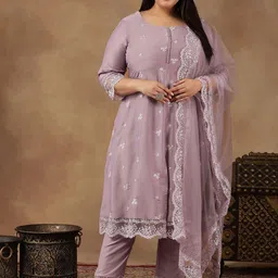 INDDUS PLUS Size Floral Embroidered Thread Work A-Line Kurta With Trousers & Dupatta-21