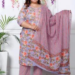 Swasti Plus Size Floral Printed Sequinned Pure Cotton Kurta With Trouser & Dupatta image 1