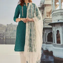 WOMEN PLUS Ethnic Motifs Embroidered Regular Pure Cotton Kurta with Trousers & Dupatta-15