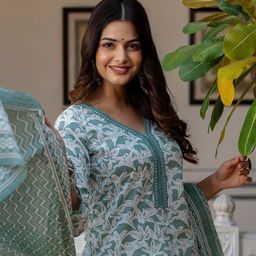 Anouk Floral Yoke Design Aari Work V-Neck Pure Cotton Kurta With Trousers & Dupatta-93
