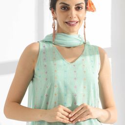 Anouk Turquoise Blue Striped Thread Work Pure Cotton Kurta with Palazzos & Dupatta-picture-0