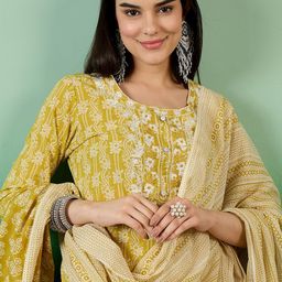 Sangria Yellow Floral Printed Thread Work Pure Cotton Kurta With Trouser & Dupatta-11