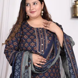 KALINI Plus Size Floral Printed Sequinned Pure Cotton Kurta With Trousers & Dupatta image 2