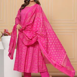 PARTHVI Ethnic Motifs Printed Regular Thread Work Pure Cotton Kurta ,Trousers & Dupatta image 3