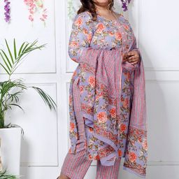 Swasti Plus Size Floral Printed Sequinned Pure Cotton Kurta With Trouser & Dupatta image 3