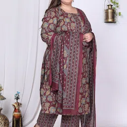 KALINI Plus Size Floral Printed Regular Pure Cotton Kurta with Palazzos & Dupatta image 3